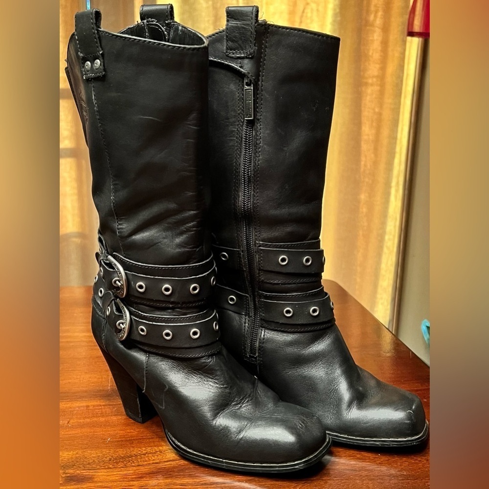 Harley Davidson Belted Black Leather Square Toe Heeled Biker Boots Size 6M
